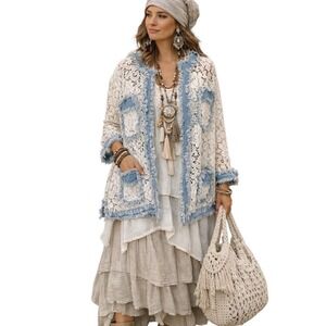 BIBI Womens Floral Crochet Open Cardigan Denim Trim Frayed‎ Boho Lagenlook Large
